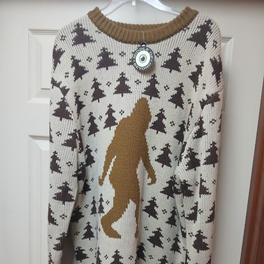 Men's Bigfoot Christmas Sweater Sasquatch Yeti Knit Acrylic Middle of Beyond 2XL